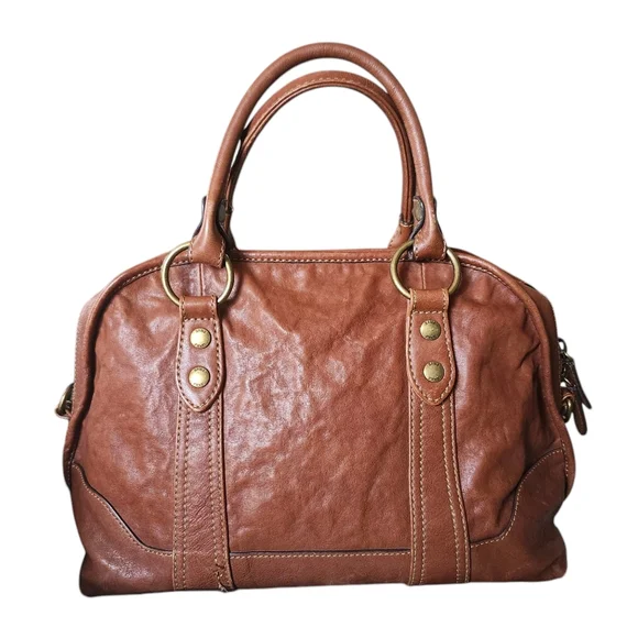 FRYE Melissa Dark Brown CognacDomed Leather Satchel Bag Double Rolled Handles - Picture 2 of 13